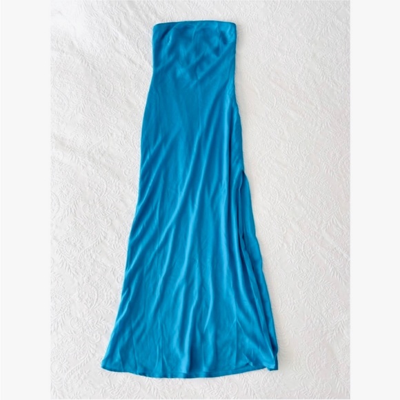 NWOT Lulus Exquisite Excellence Turquoise Satin Strapless Maxi Dress Large - Picture 2 of 7
